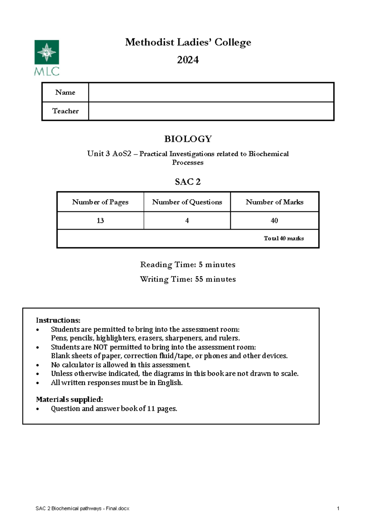 2024 SAC 2 Biochemical Pathways Practical Investigations Guide - Studocu