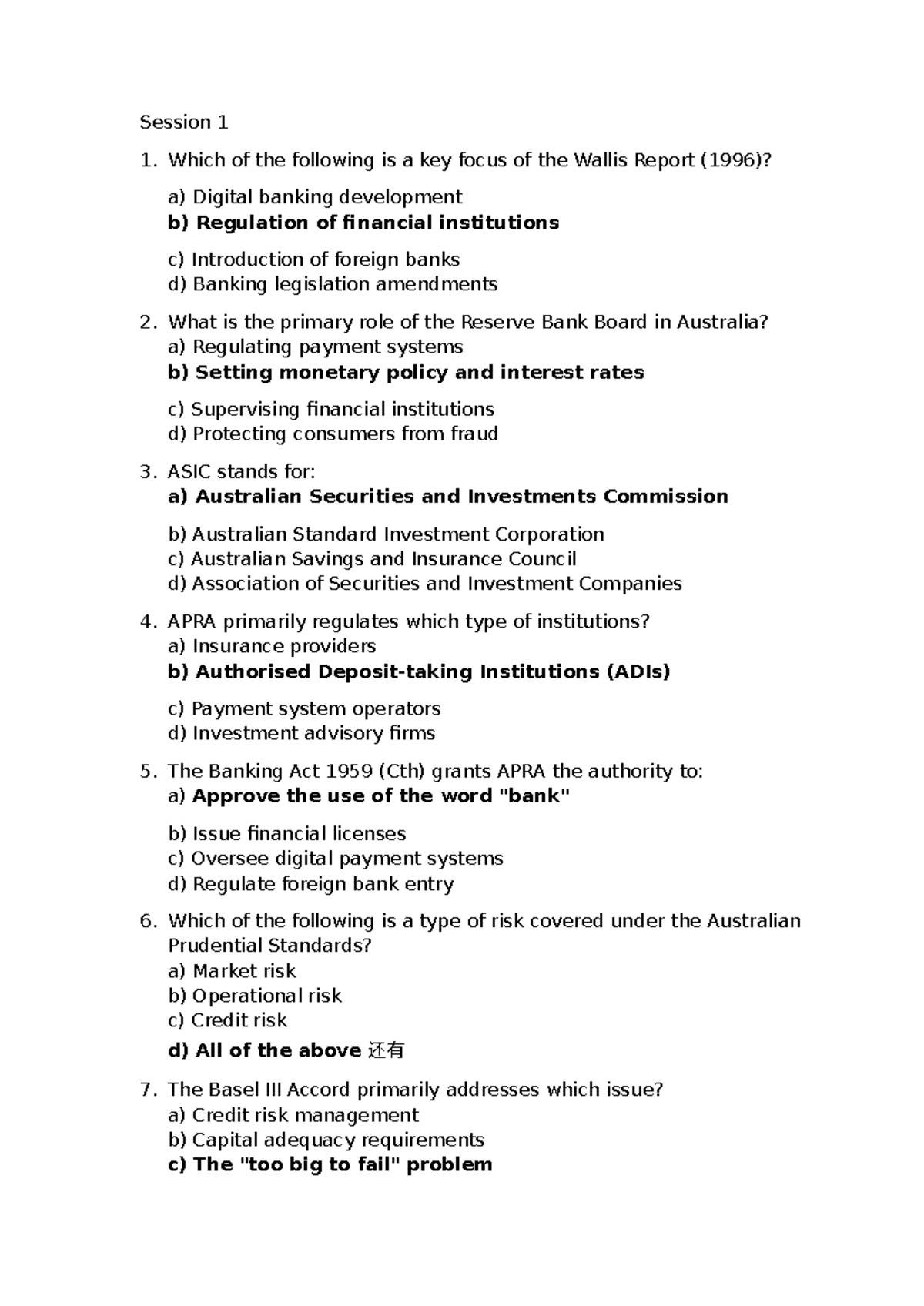 Quiz 1: Key Concepts in Australian Banking Regulation (FIN 101) - Studocu