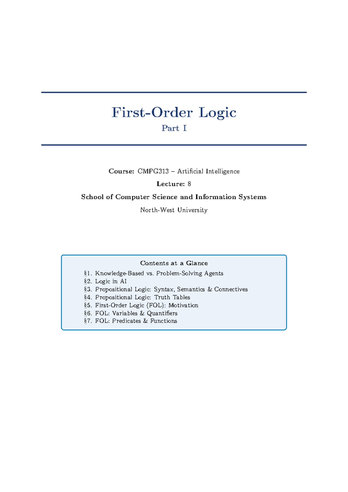 CMPG313 Lecture 8: Introduction to First-Order Logic (FOL) - Studocu