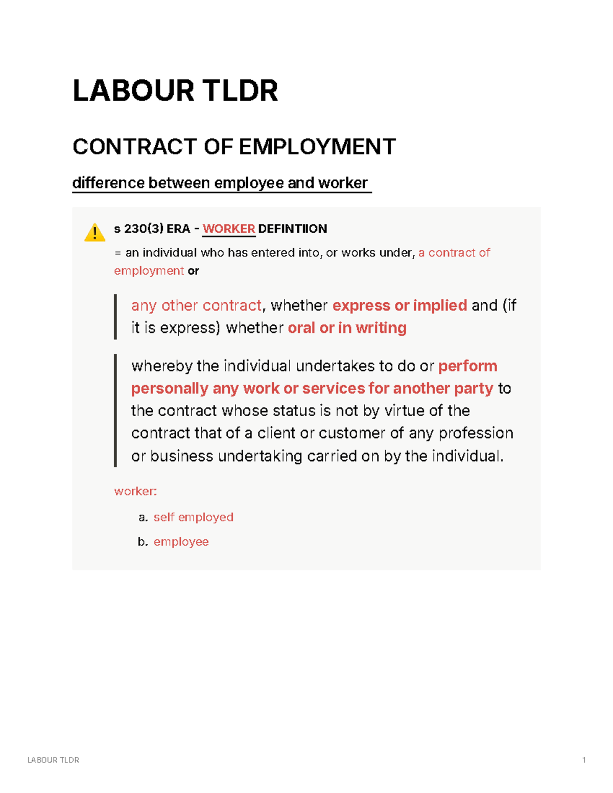 Labour Law - Employment Contracts: Employee vs Worker Definitions (TLDR ...