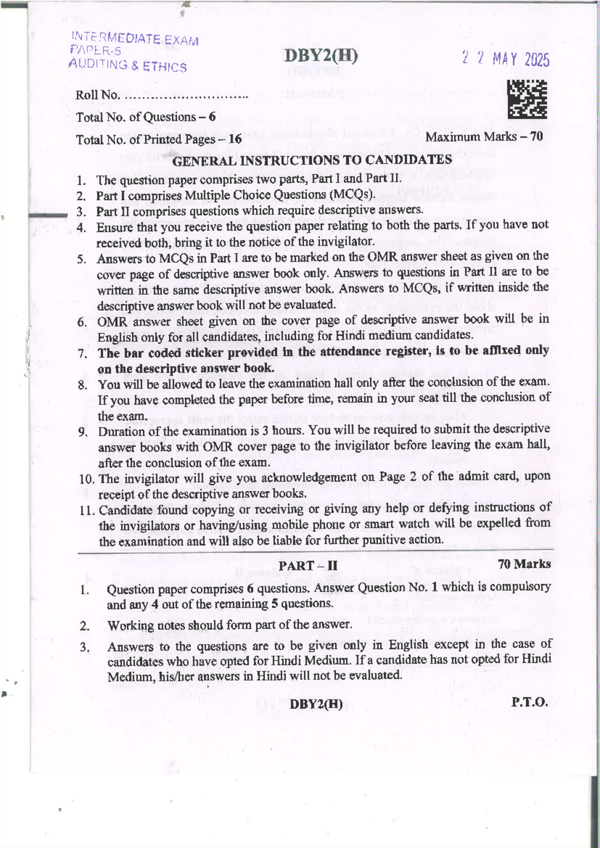 Intermediate Exam Auditing Ethics D2(H) - May 2025 Question Paper - Studocu