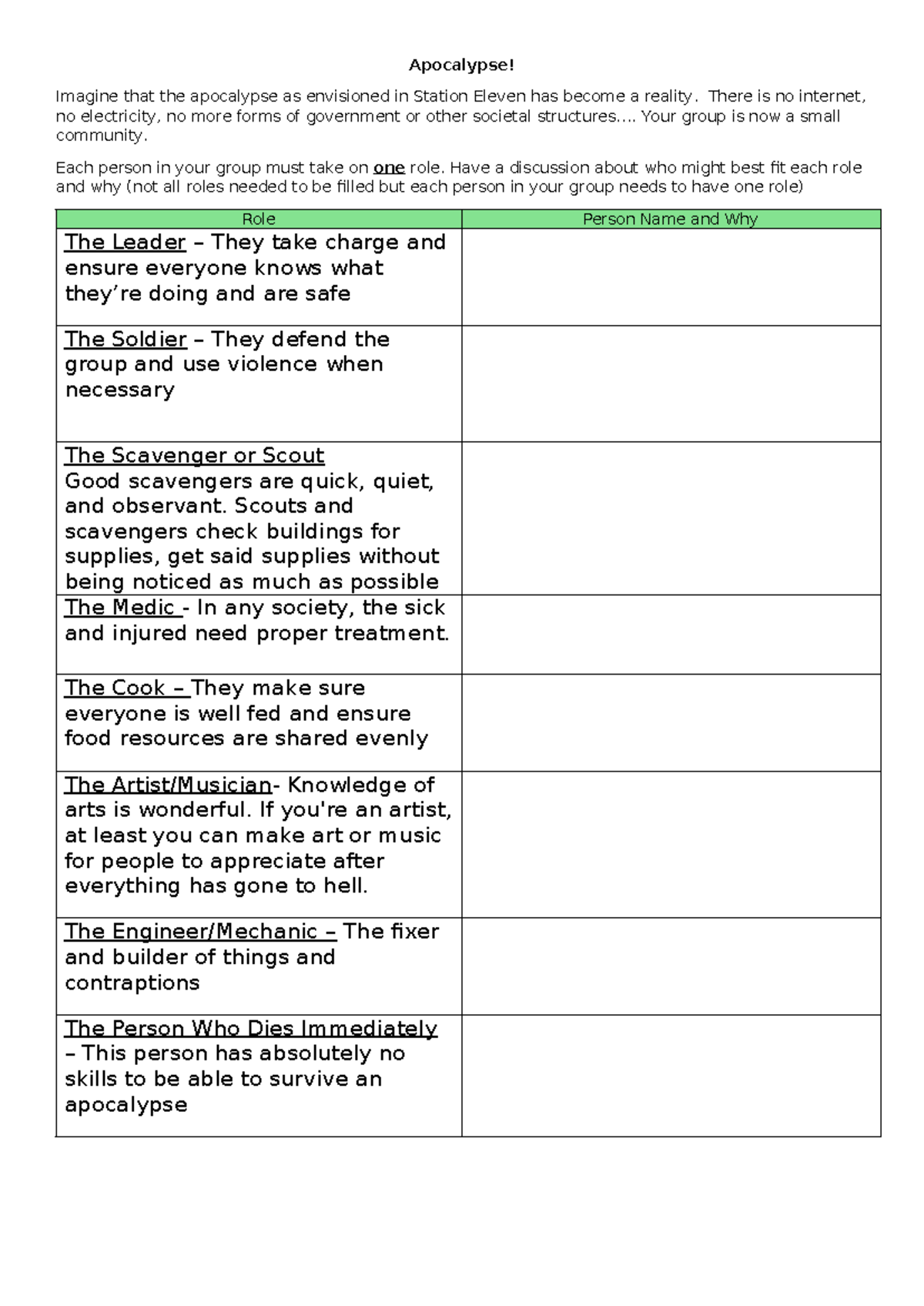 ENG 202 Group Task: Roles in the Apocalypse Scenario - Studocu
