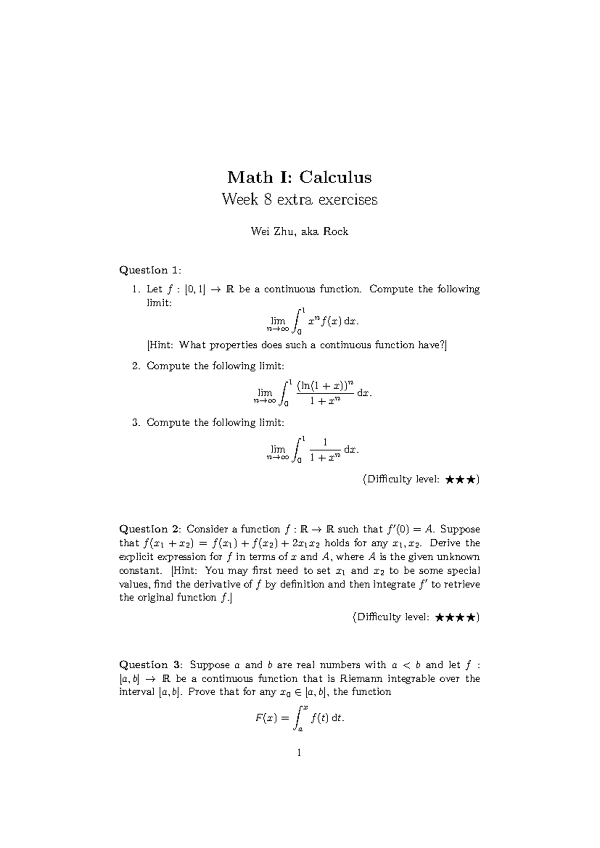 Math I: Calculus Week 8 Extra Exercises and Solutions - Studeersnel