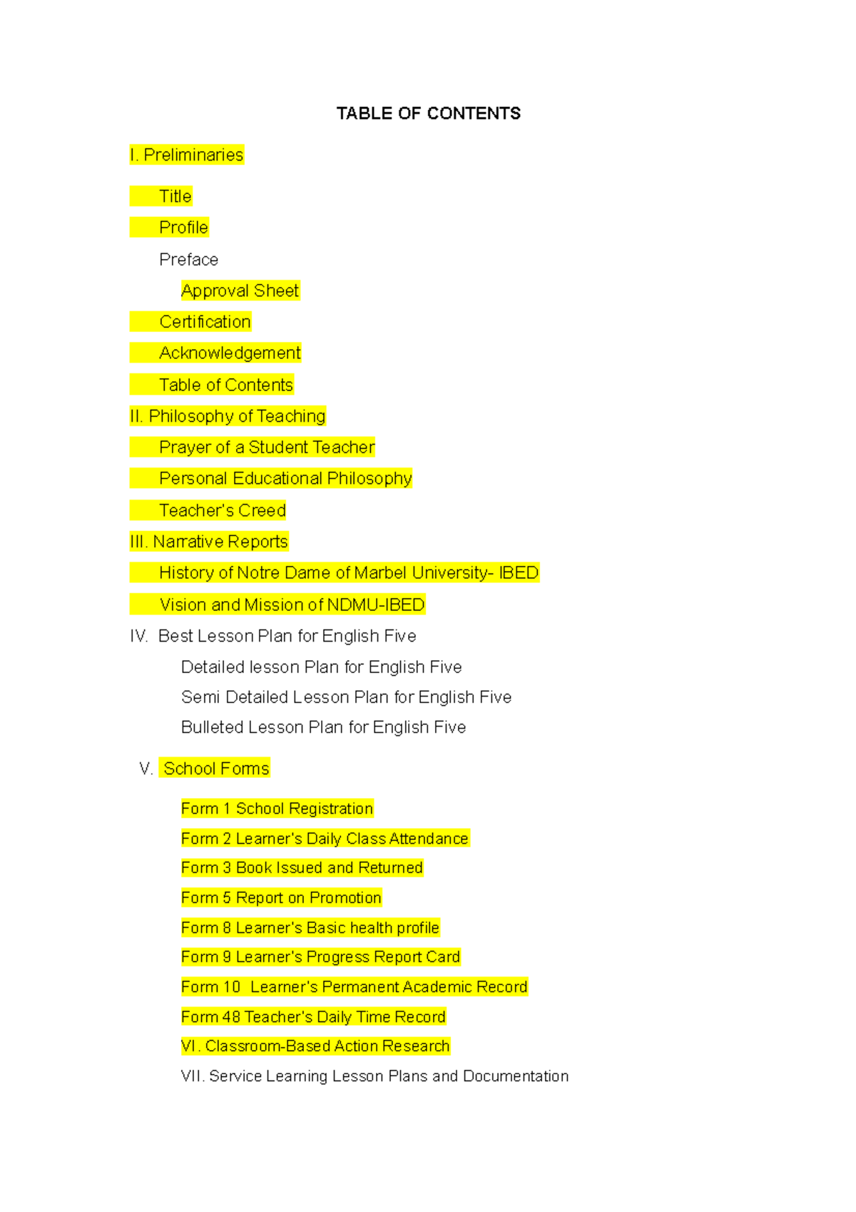 Table Of Contents In Narrative Report
