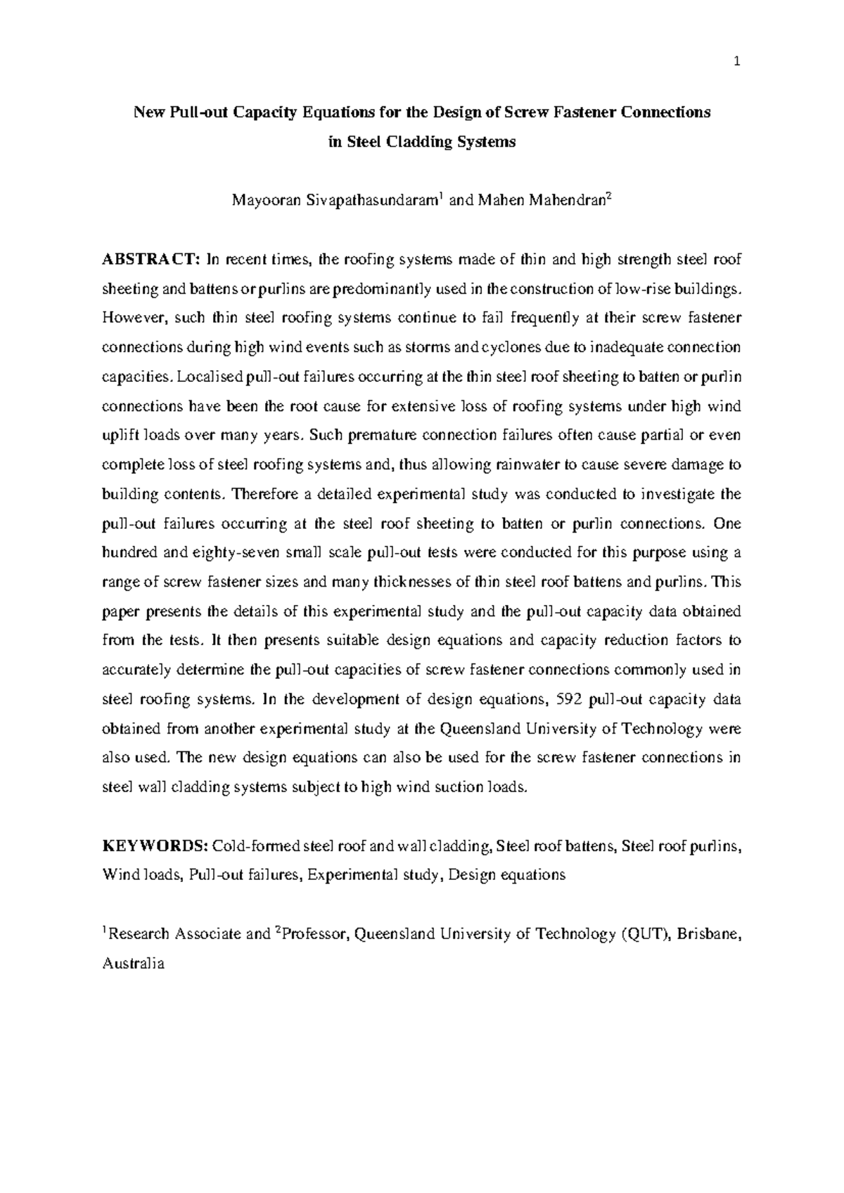 New Design Equations for Screw Fastener Connections in Steel Cladding ...