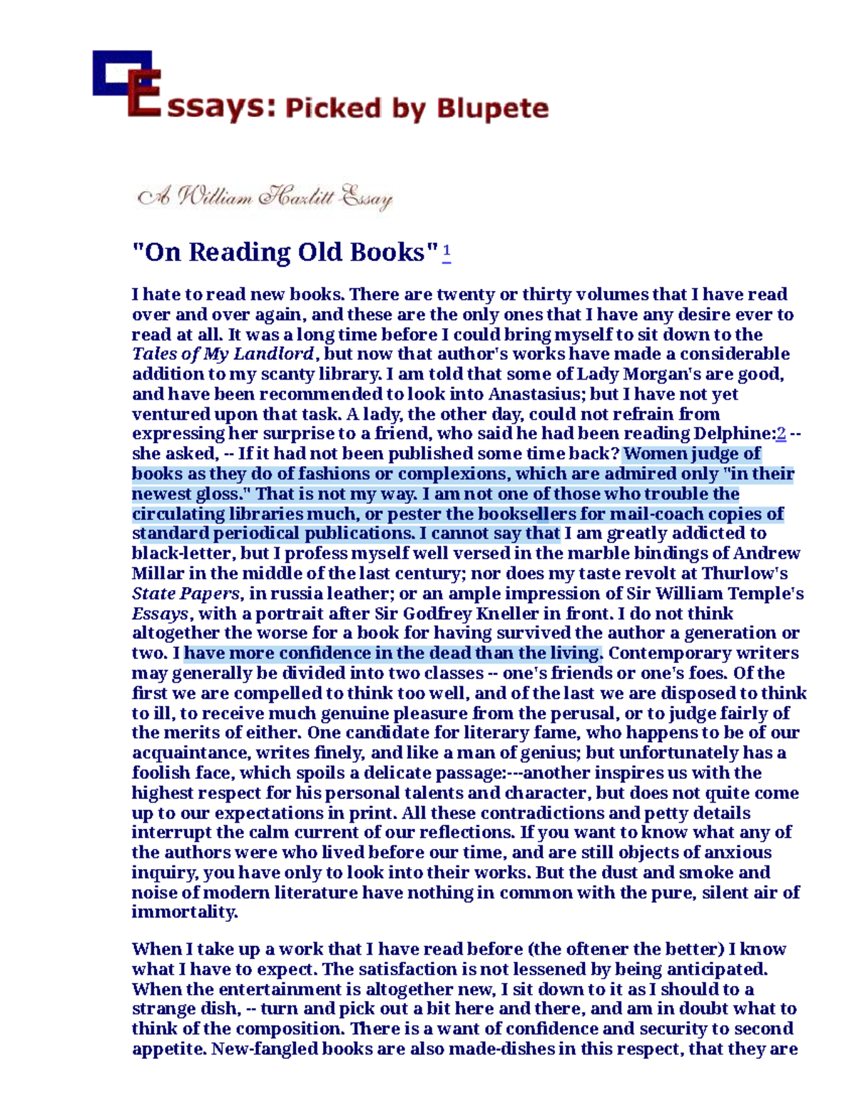 William Hazlitt's Essay: Reflections on Old Books and Reading