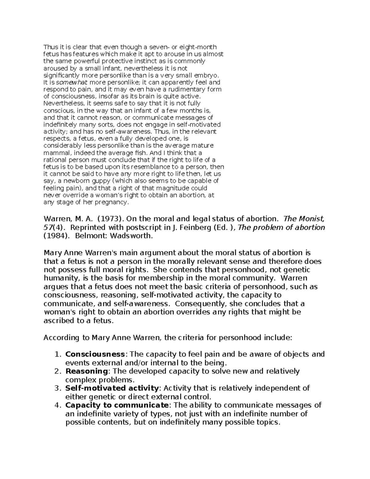 Abortion Notes: Summary of Mary Anne Warren's Argument on Fetal Rights ...