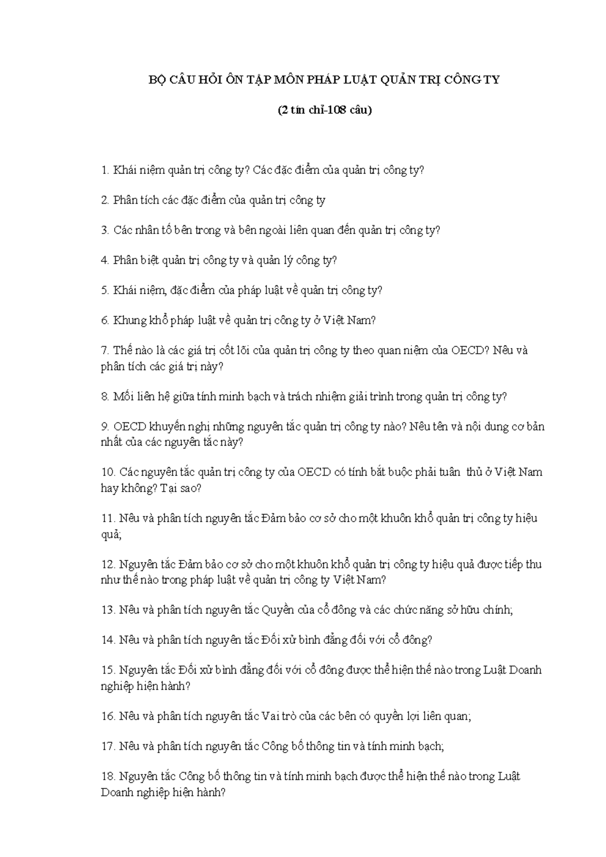 BỘ CÂU HỎI ÔN TẬP MÔN PHÁP LUẬT QUẢN TRỊ CÔNG TY (2 TC) - Document Preview