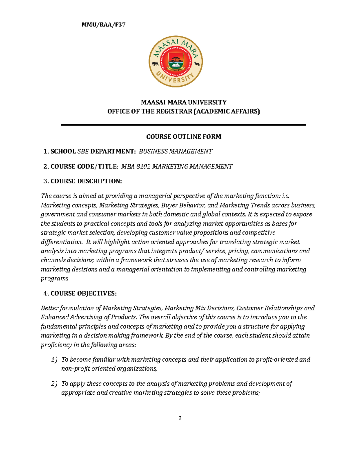 MBA 8102 Marketing Management Course Outline & Objectives - Studocu