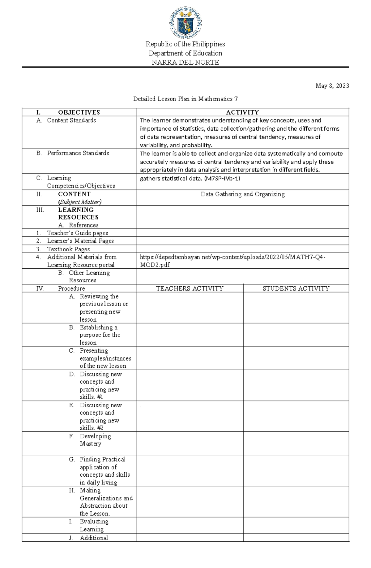 LP in Math 7 Last week 2 - Lesson Plans for Grade 7 Third/ Fourth ...