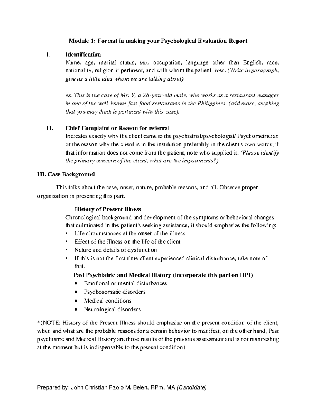 Format psych eval report new - Module 1: Format in making your ...
