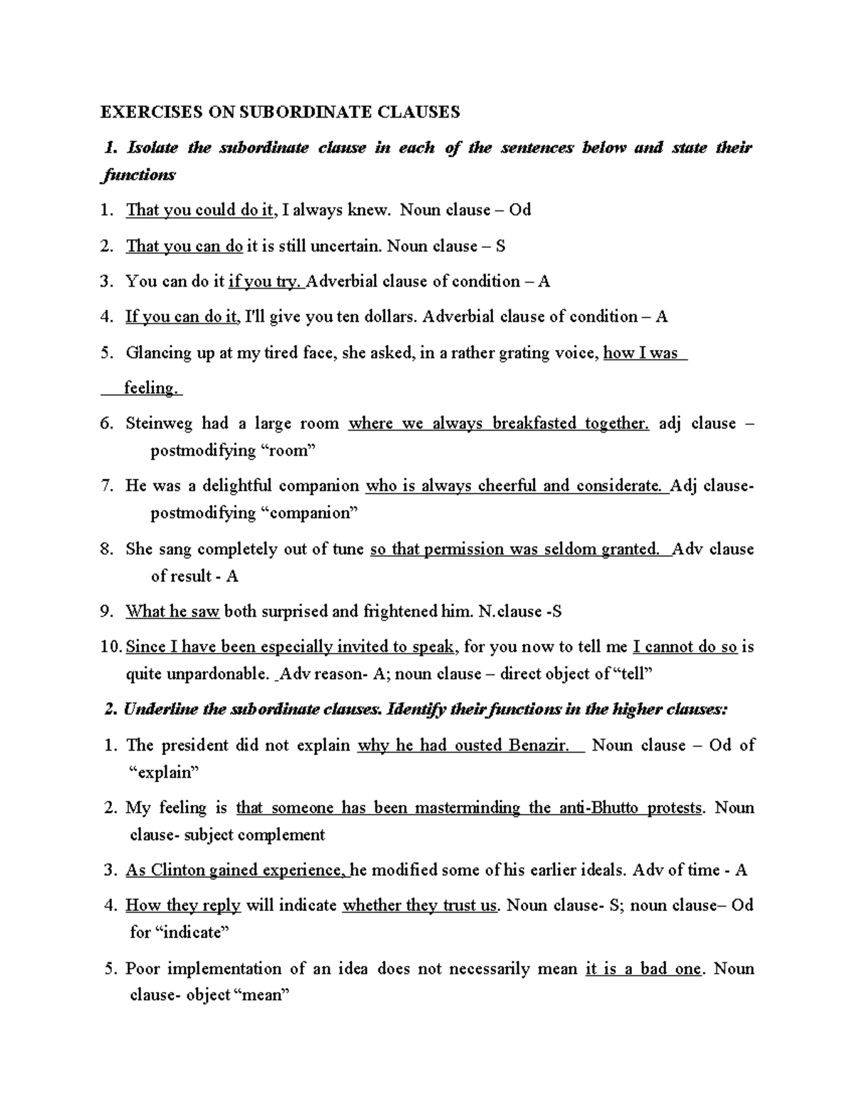 Subordinate Clauses Analysis Exercises - Assignment 9 - NPNC - Studocu