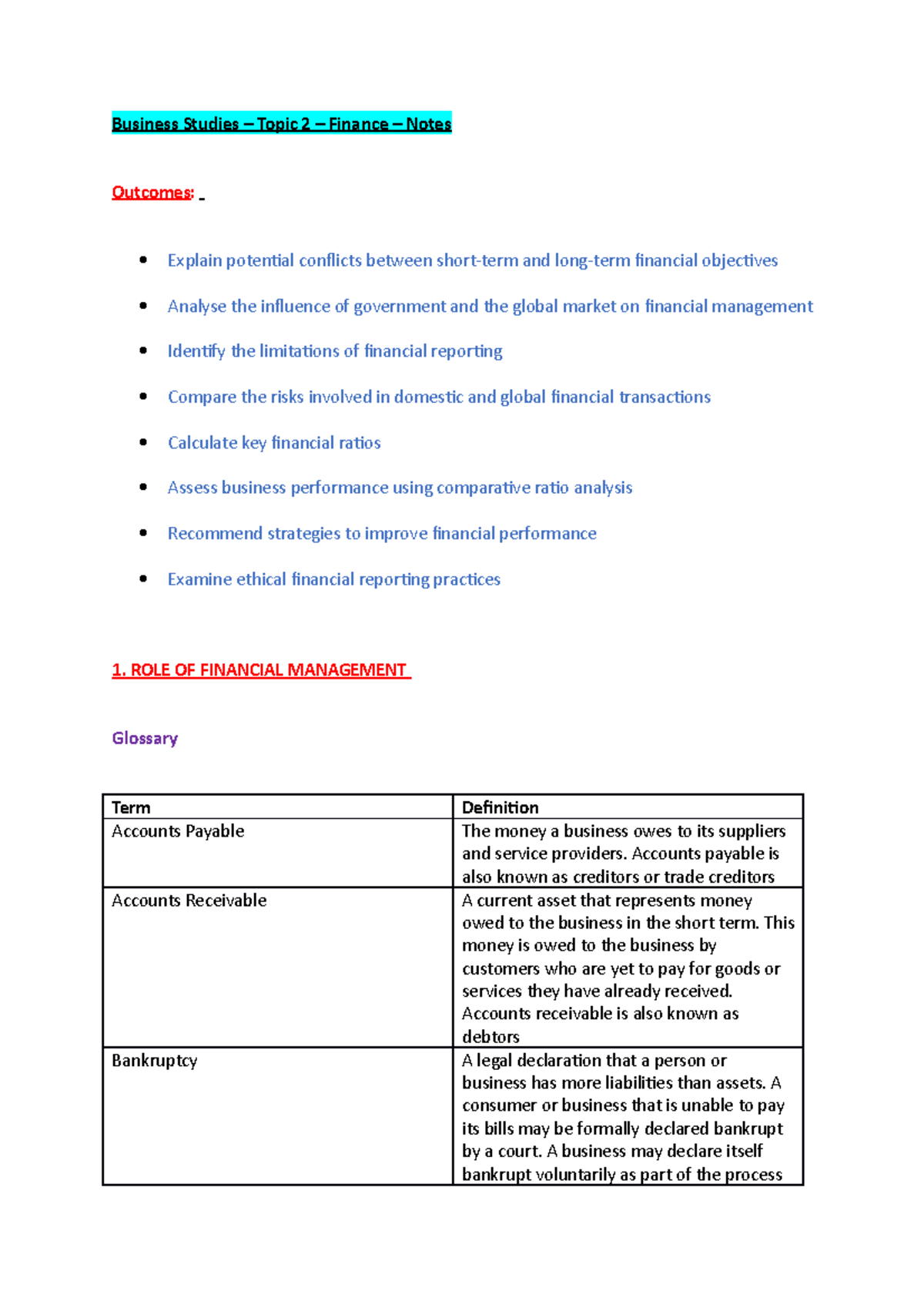 Business Studies - Topic 2: Finance - Detailed Study Notes - Studocu