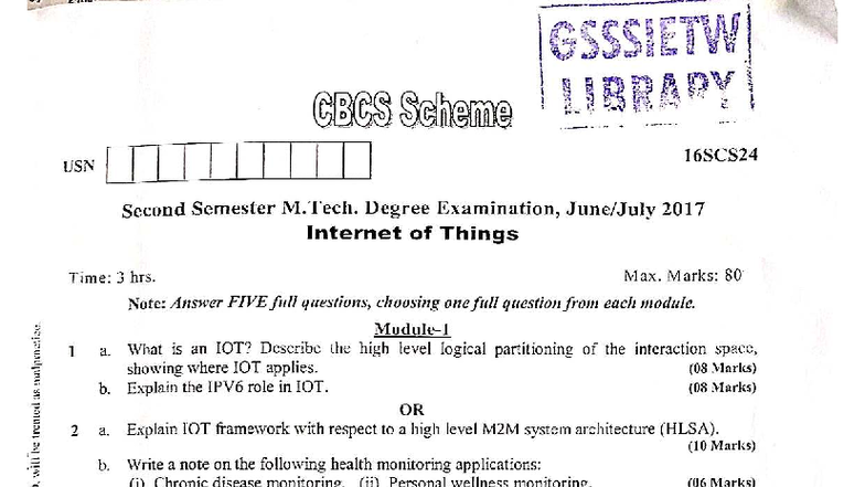 CBCS Scheme 16SCS24 M.Tech 2nd Sem Exam: Internet of Things 2017 - Studocu