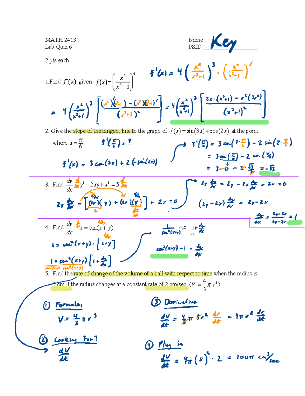 Lab Quiz 6_____ - MATH 2413 Name__________________ Lab Quiz 6 PSID ...