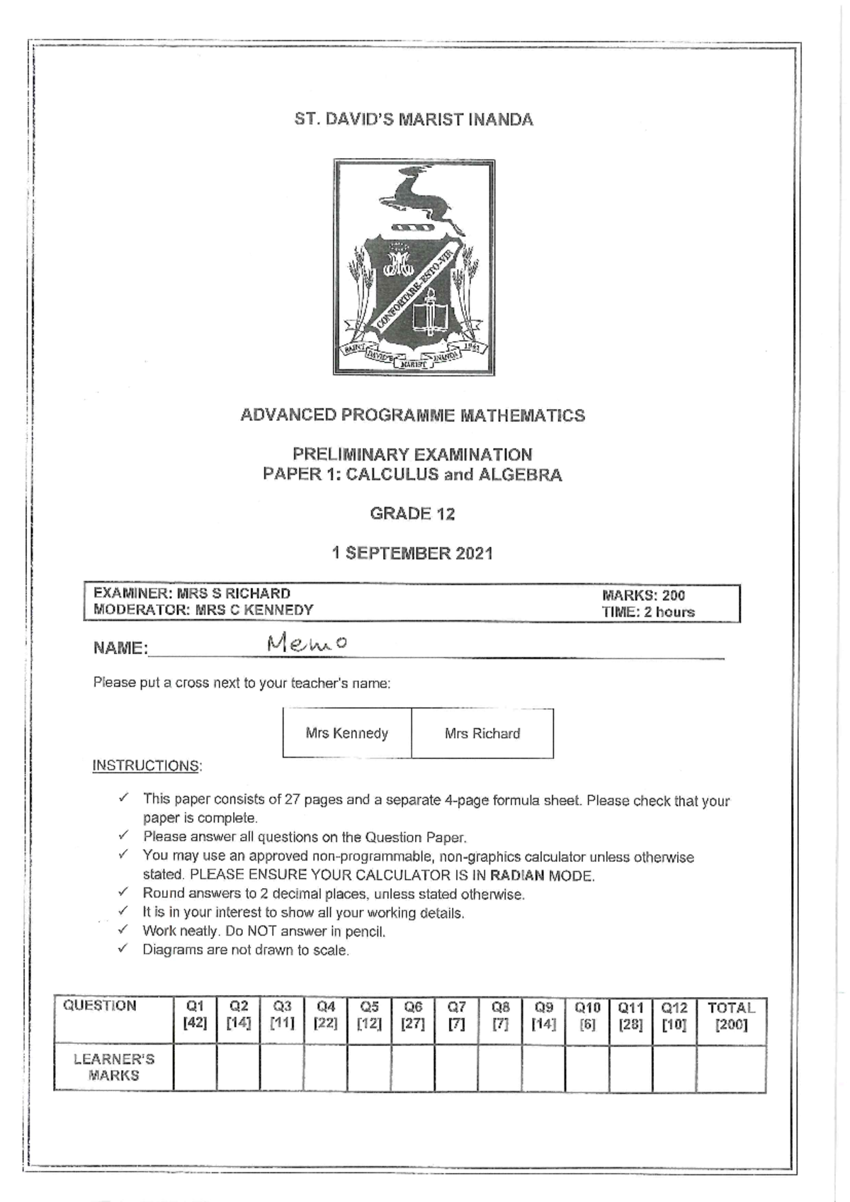 Grade 12 APM Prelim 2021 Paper 1: Calculus and Algebra Memo - Studocu
