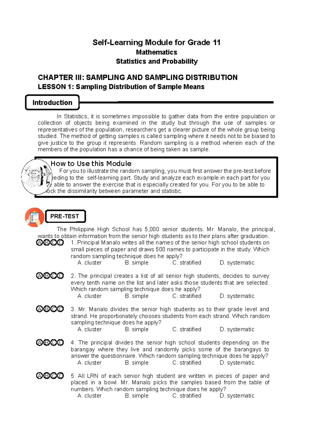 Chapter III Sampling and Sampling Distribution - Self-Learning Module ...