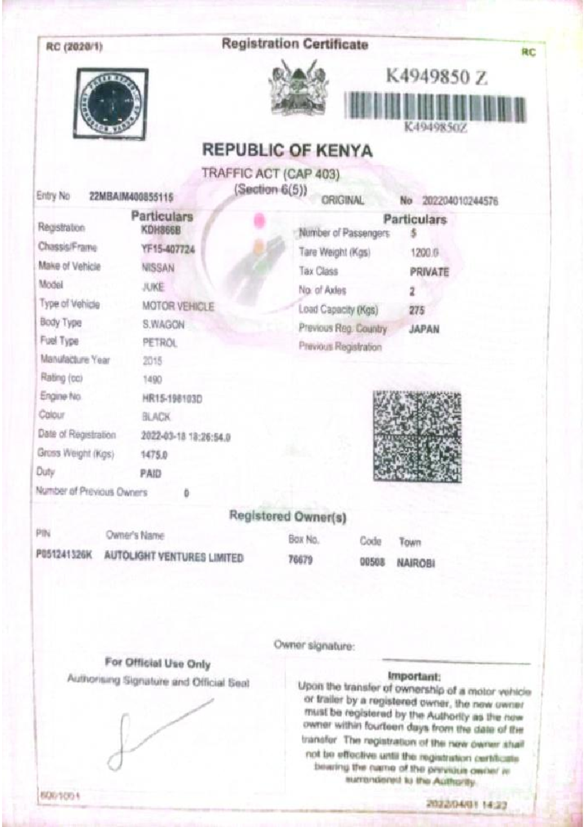 RC Registration Certificate - Logbook Lecture Notes 22MBAIM400855115 ...