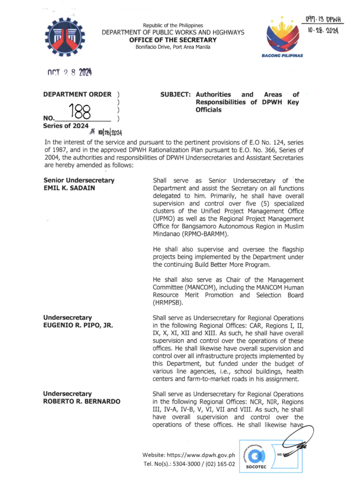 DPWH Order No. 188: Authorities & Responsibilities of Key Officials ...