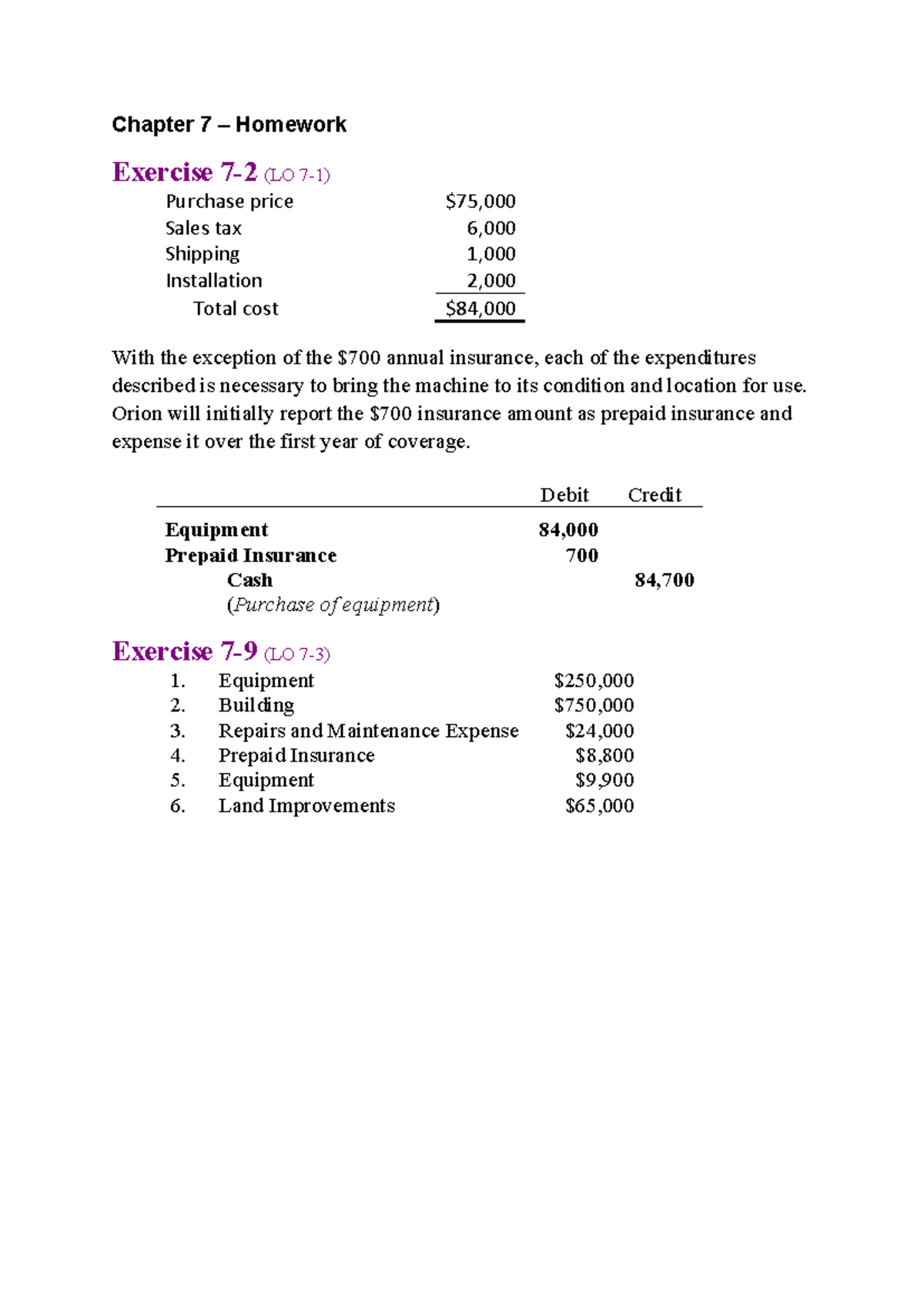 Ch7 Homework - Chapter 7 – Homework Exercise 7-2 (LO 7-1) Purchase ...