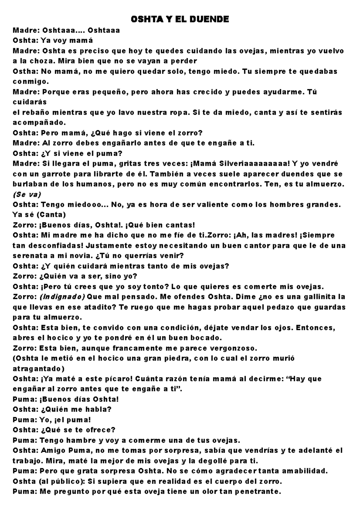 Guion Teatral: Oshta y El Duende - Dramaturgia y Personajes - Document Preview