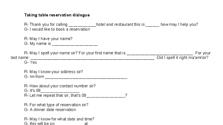 Reservation Dialogue Script for Table Booking - Studocu
