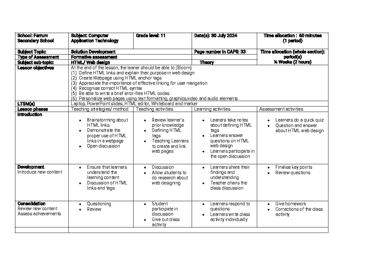CAT 11 - Assignment 7: HTML/Web Design Lesson Plan - Studocu