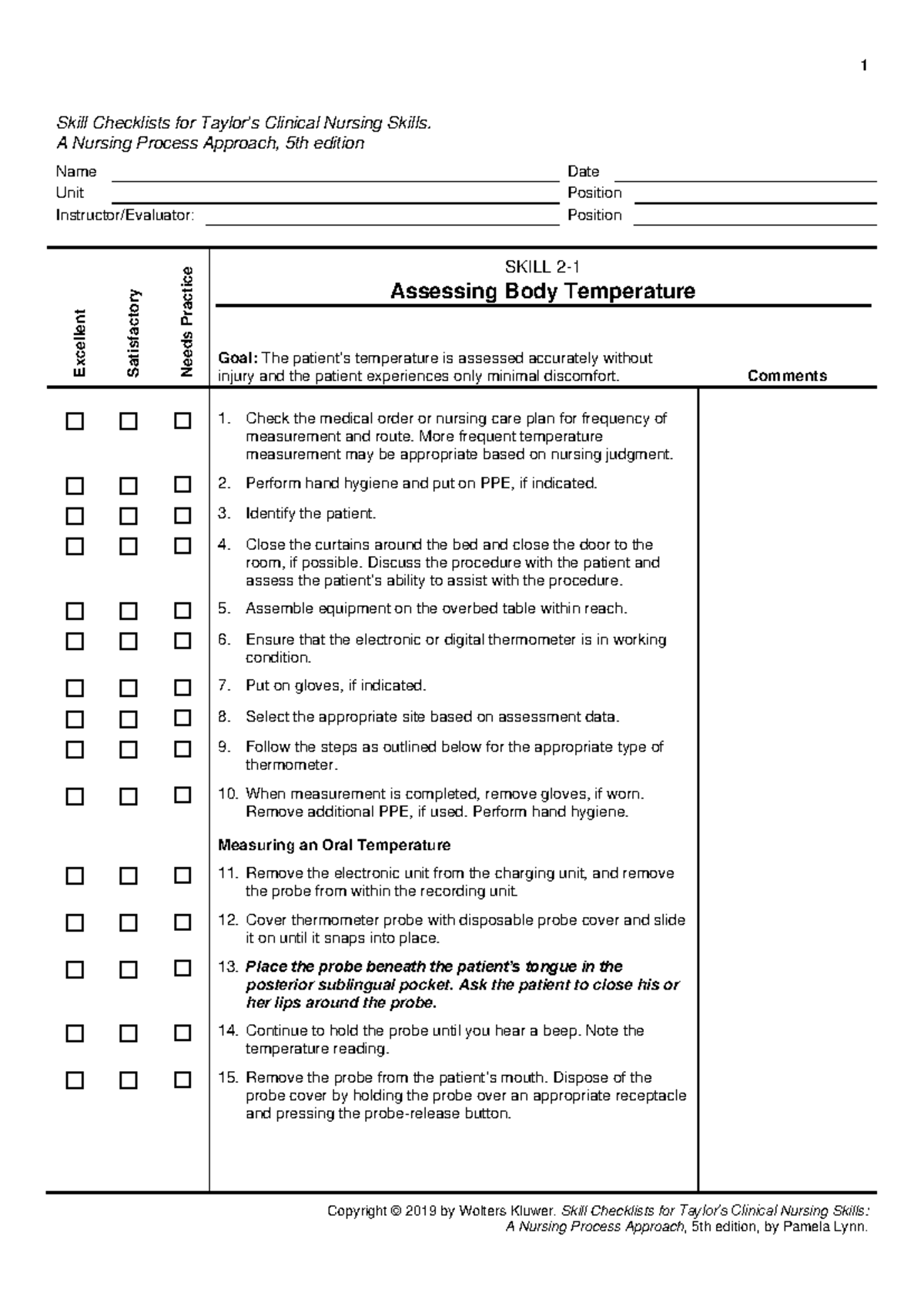 Lynn5e Skill Checklists: Assessing Body Temperature Techniques - Studocu