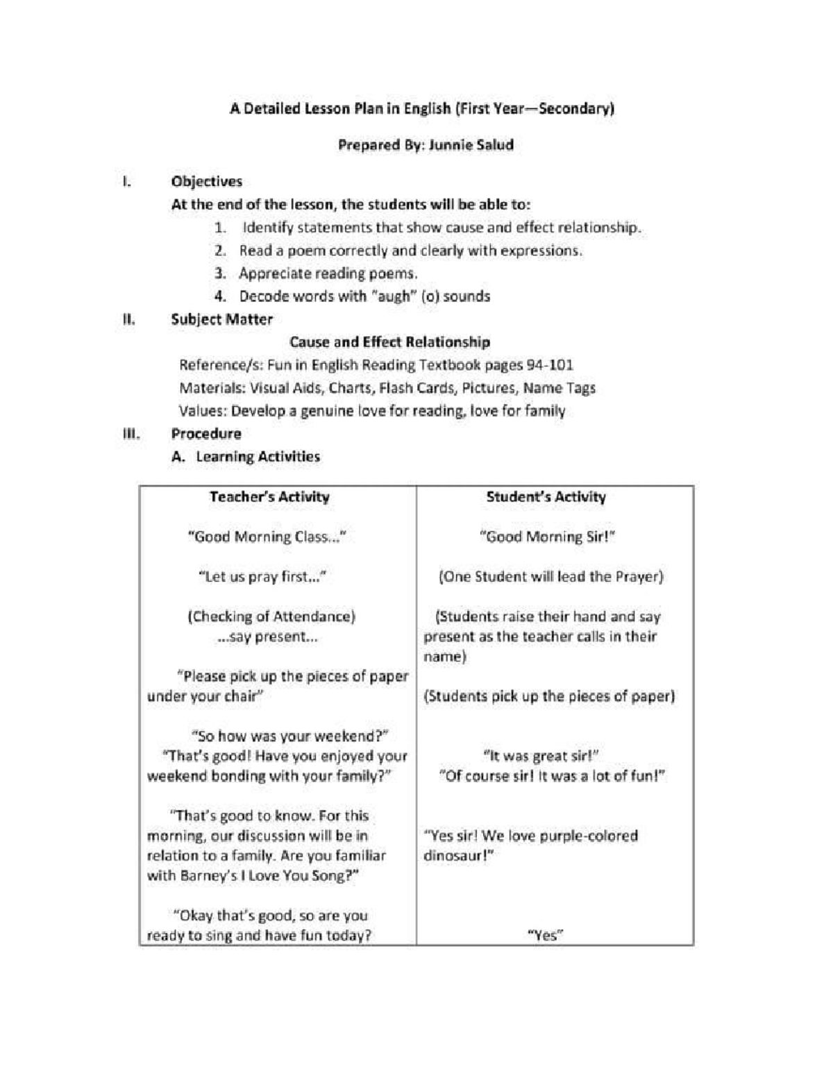 Detailed Lesson Plan in English: Cause and Effect Relationships - Studocu