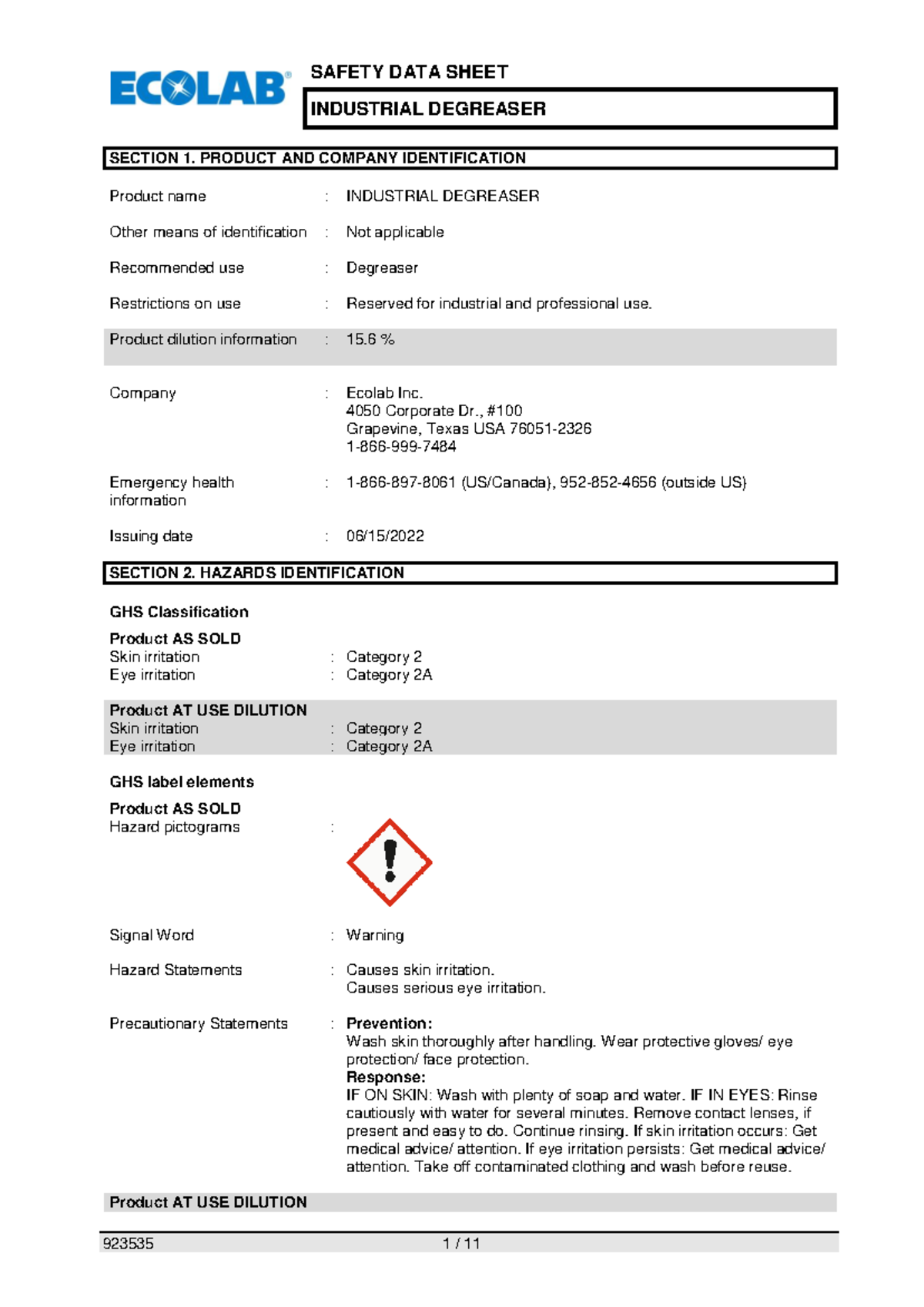 SDS for Industrial Degreaser (Product Code: 923535) - Studocu
