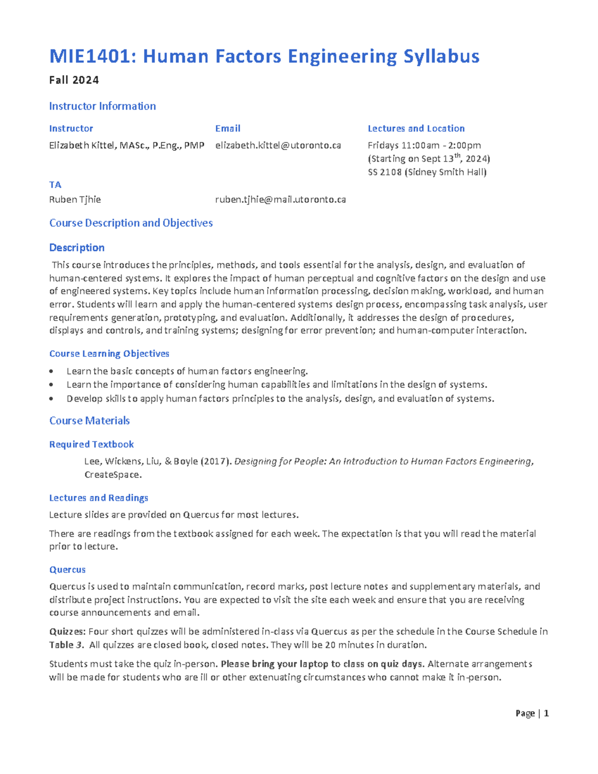 MIE1401: Human Factors Engineering Syllabus - Fall 2024 Overview - Studocu