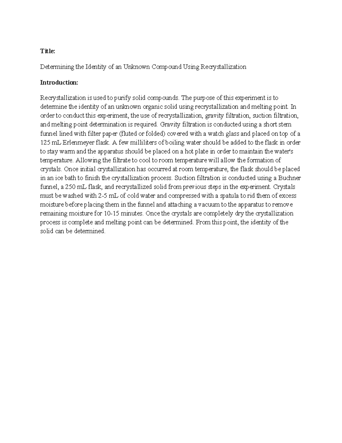 CHEM 101: Experiment #1 Lab Report on Unknown Compound Identity - Studocu