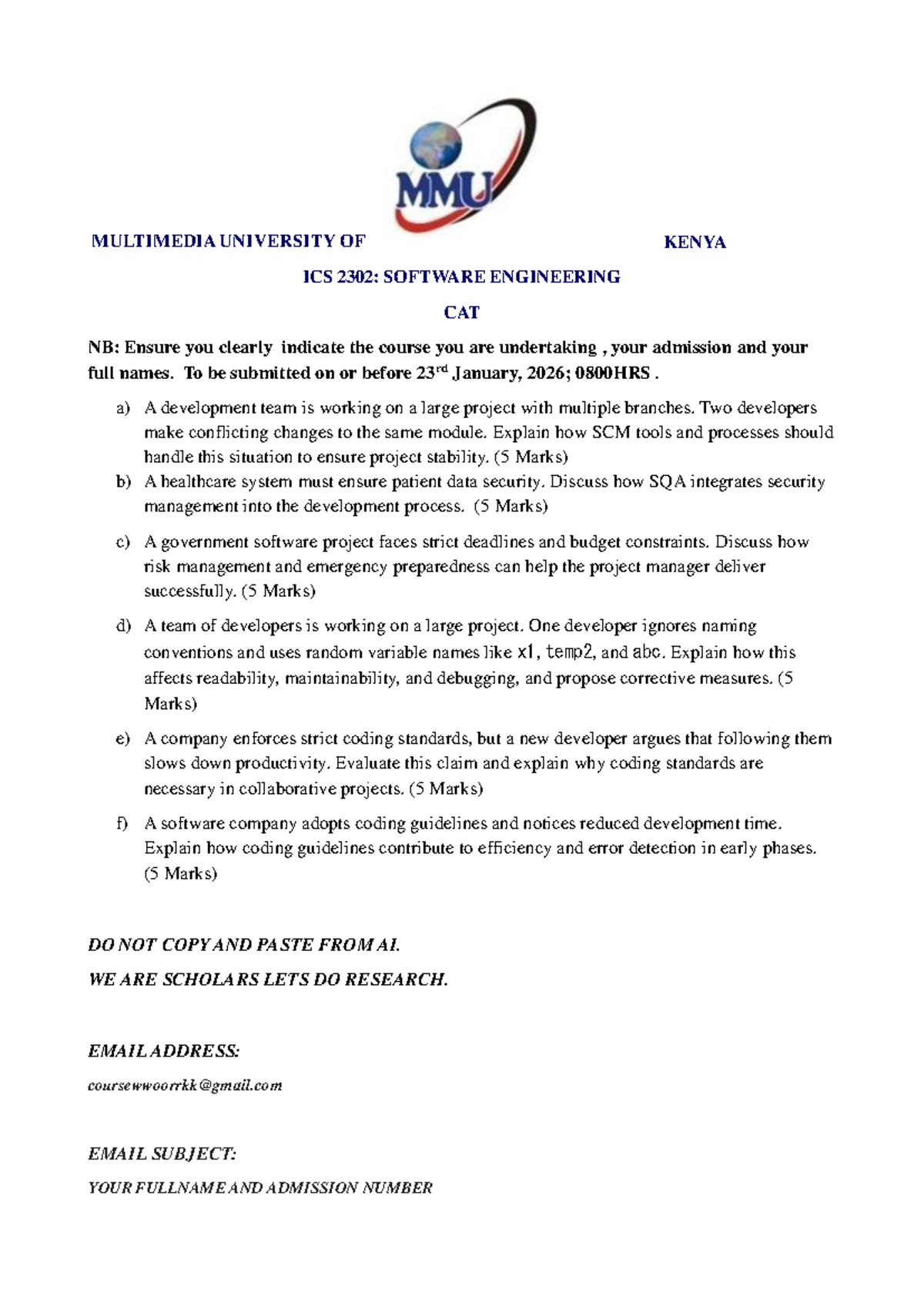 ICS 2302 CAT: Software Engineering Assessment on SCM & SQA - Studocu