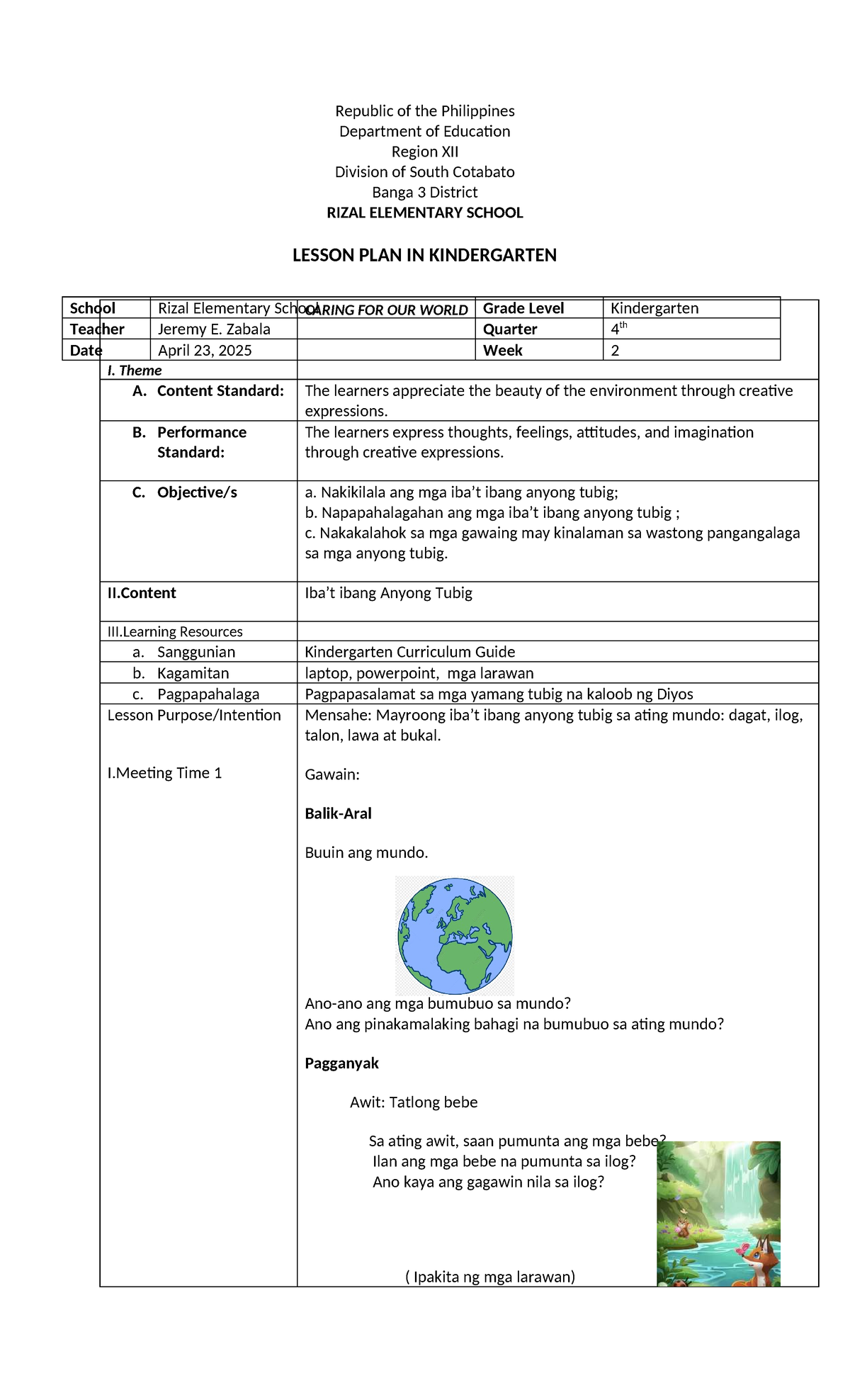 KINDERGARTEN LESSON PLAN: ANYONG TUBIG (COT 870127102) - Studocu