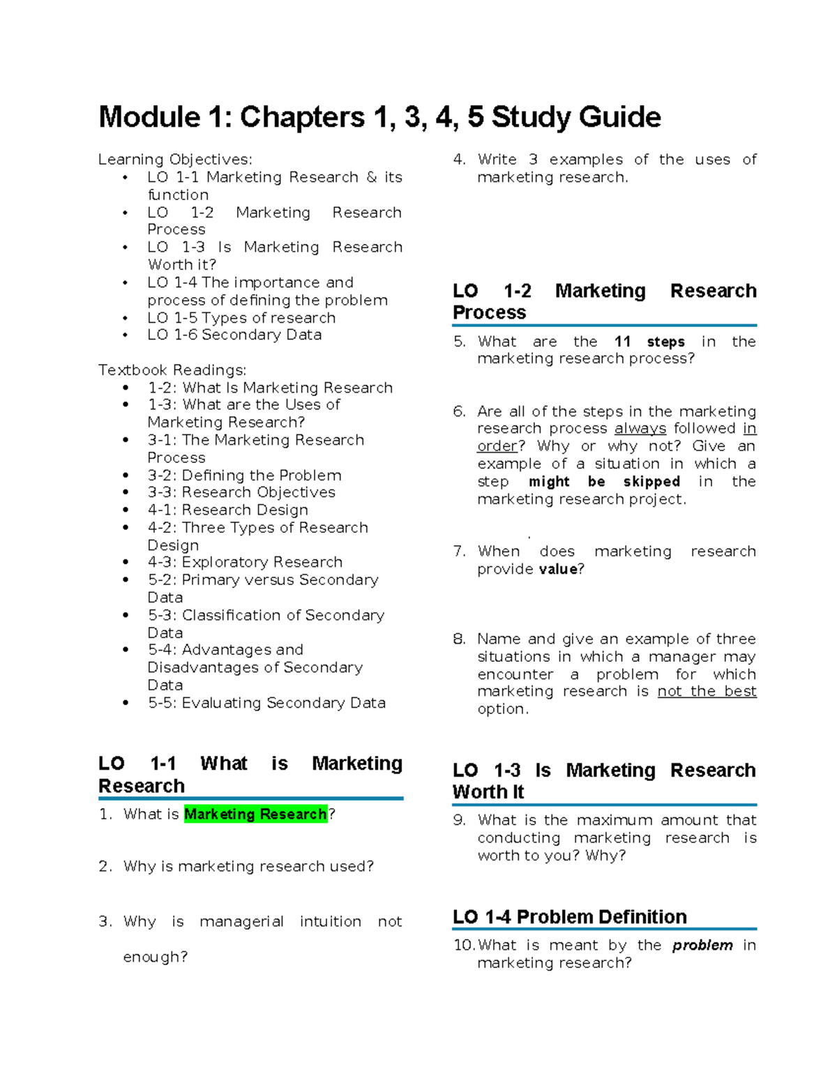 Module 1: Marketing Research Study Guide (Chapters 1, 3-5) - Studocu