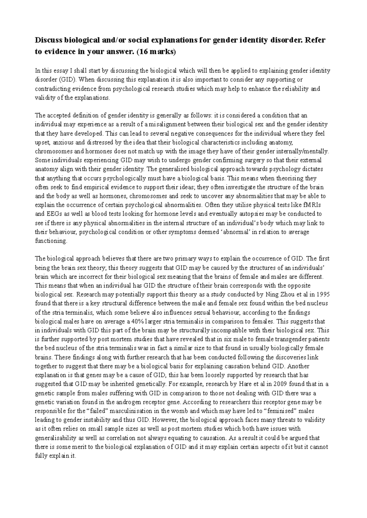 Biological and Social Explanations for Gender Identity Disorder (GID ...