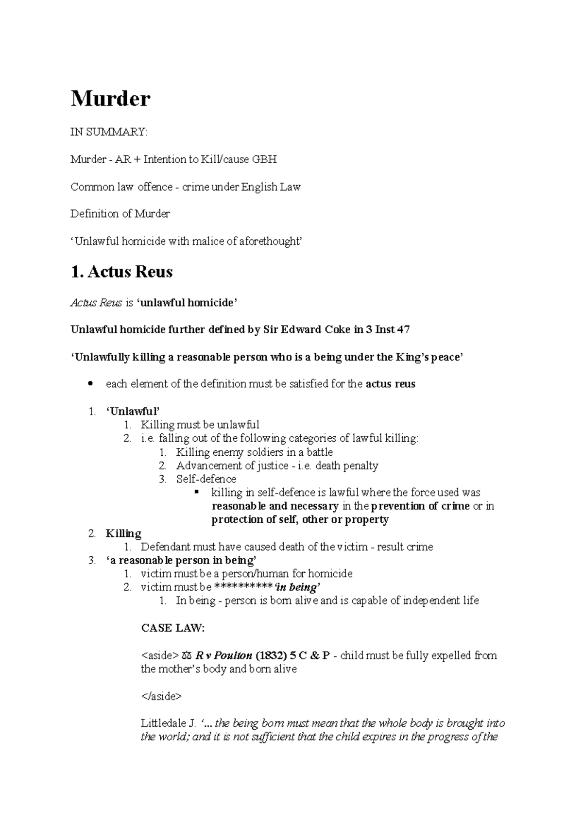 Murder notes - Textbook on Criminal Law - Murder IN SUMMARY: Murder ...