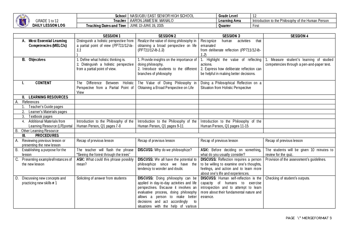 GRADE 12 DAILY LESSON LOG: Introduction to Philosophy (June 23-26, 2025 ...