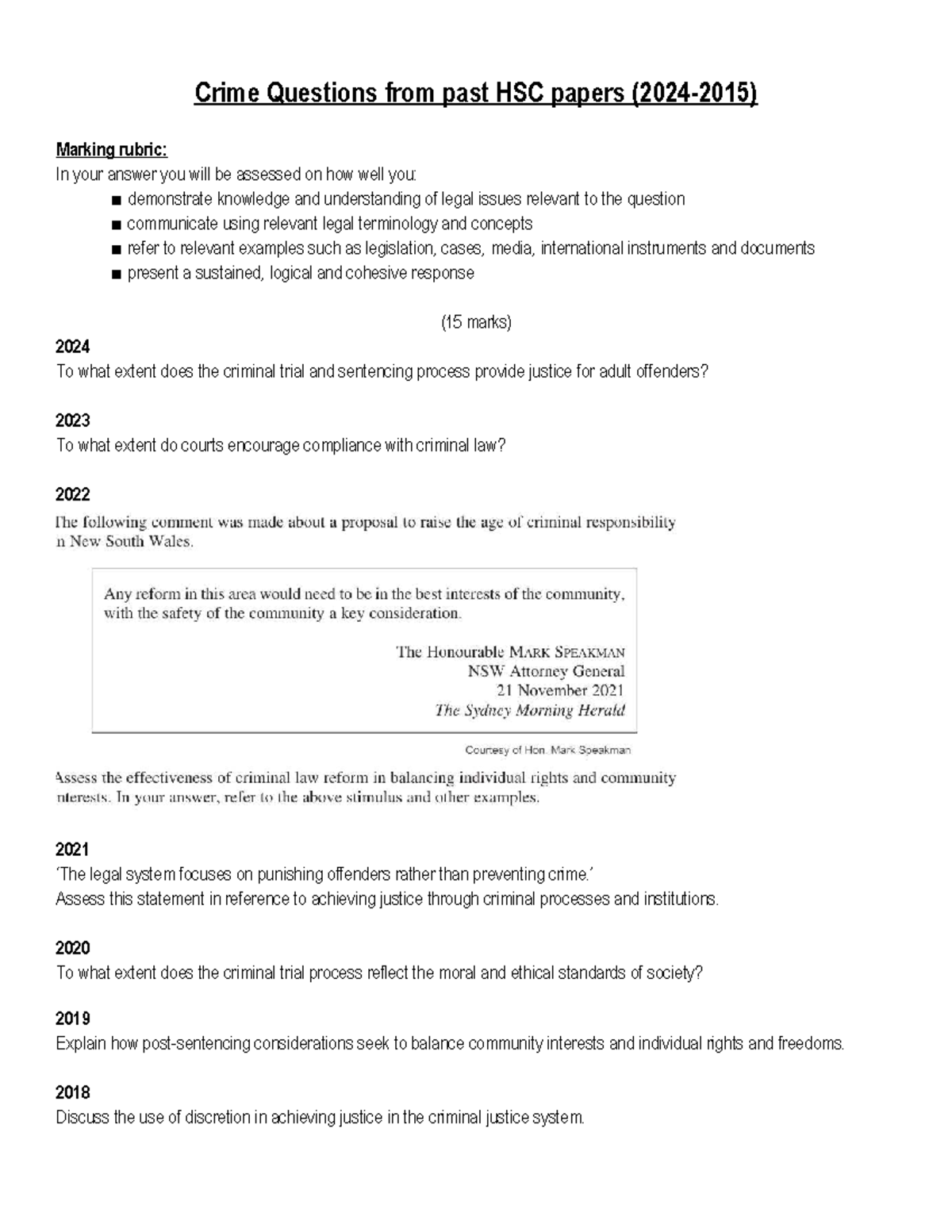 Crime HSC Past Paper Questions & Marking Rubric Guide - Studocu