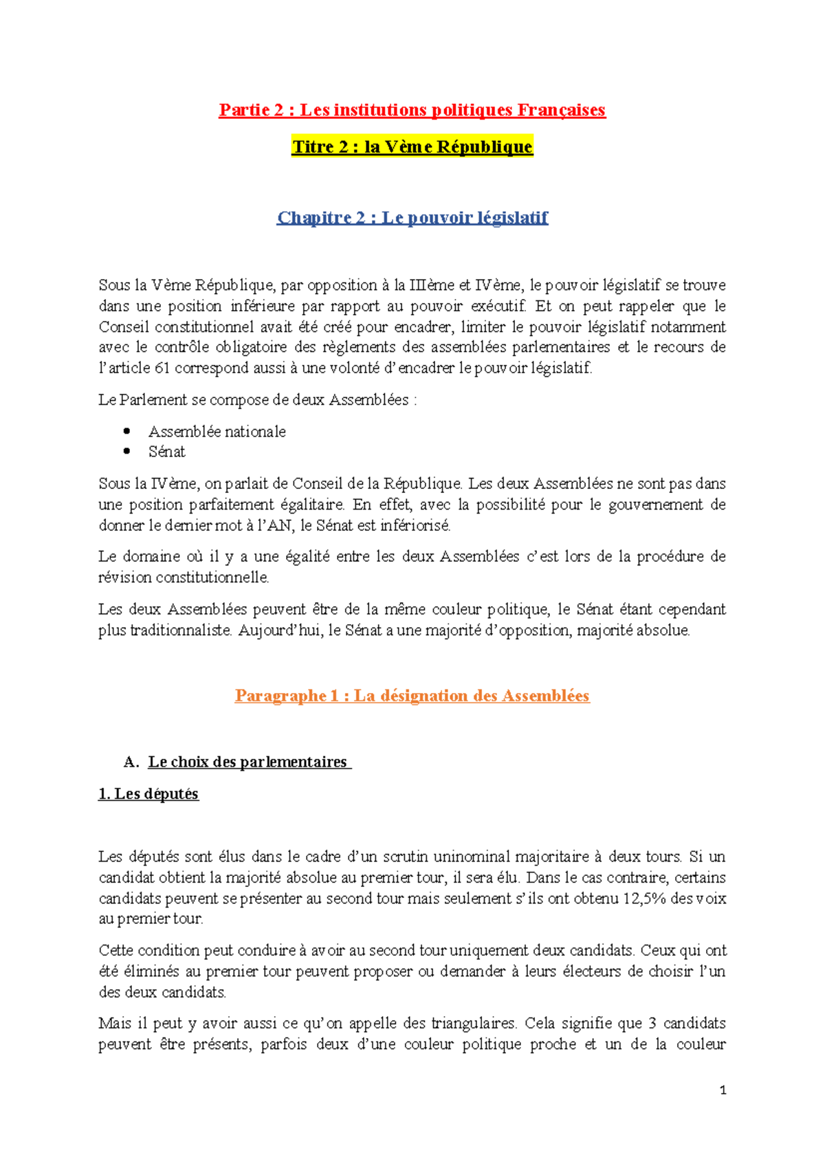 Chapitre 2 : Le Pouvoir Législatif sous la Vème République (Droit 101 ...