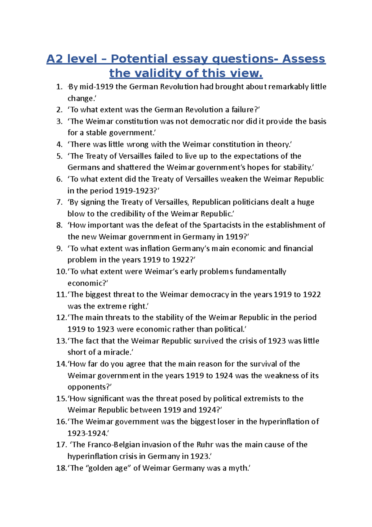A2 Level Essay Questions on Democracy and Nazism in Germany - Studocu
