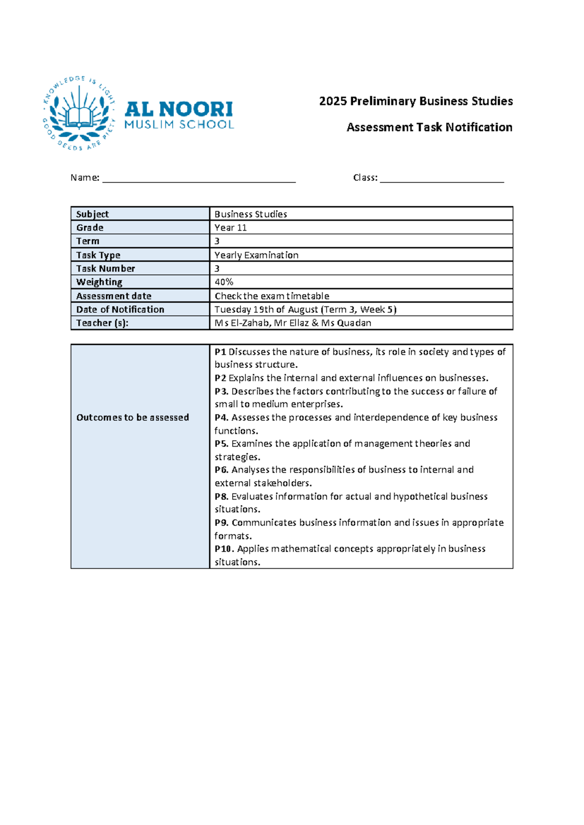 AT3 - Business Studies Year 11 2025 Exam Notification - Studocu