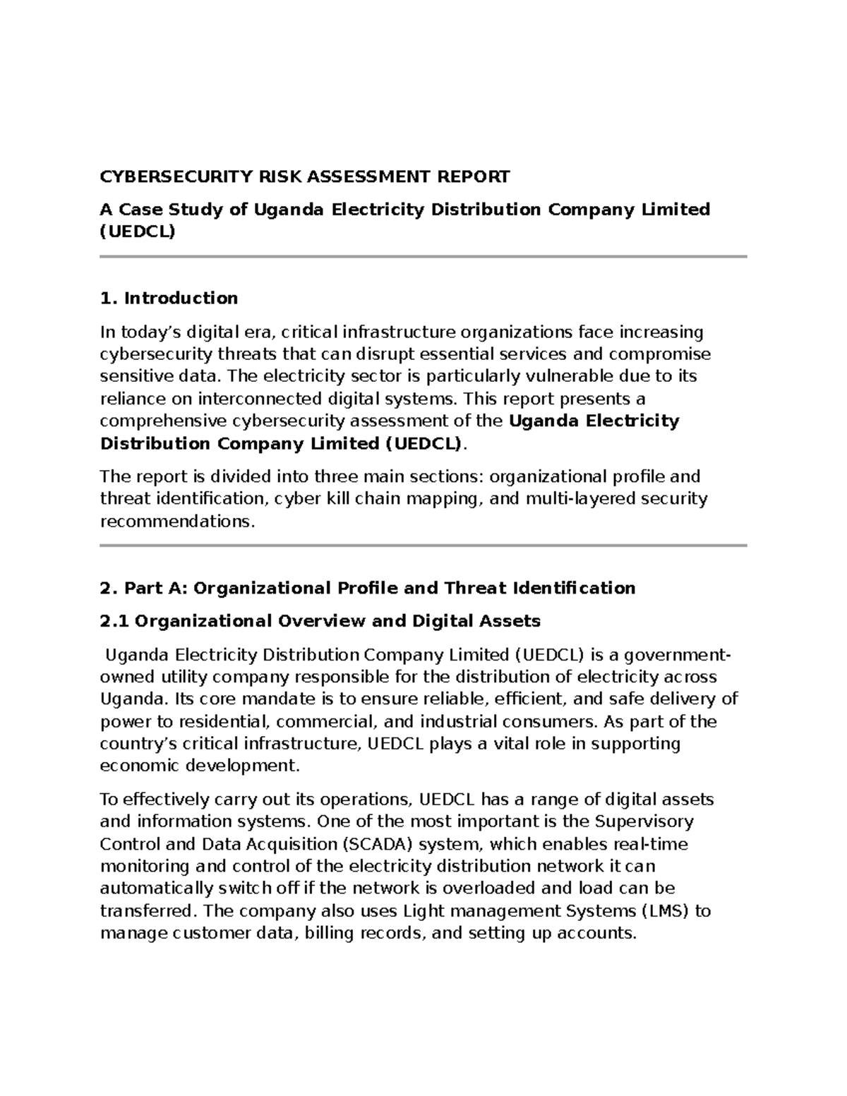 CYBERSECURITY RISK ASSESSMENT REPORT: UEDCL Case Study - Studocu