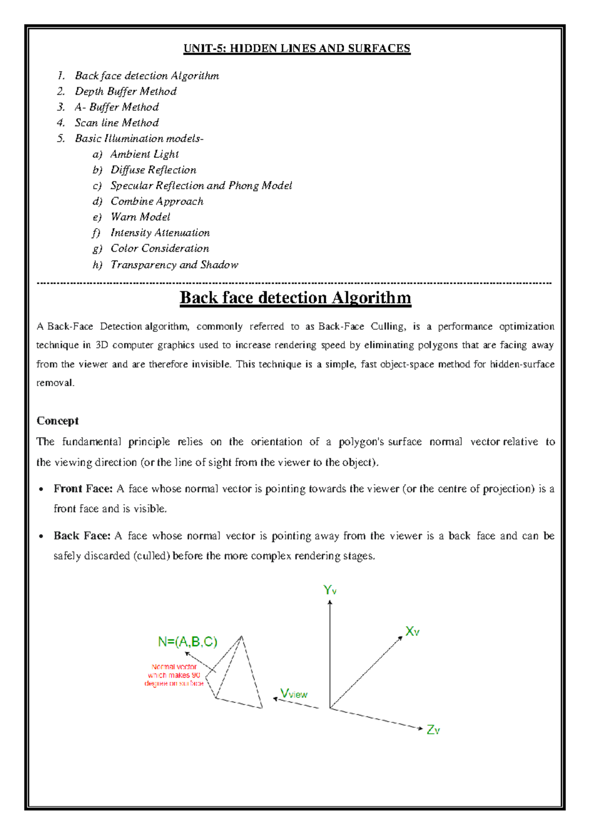 CG Notes Unit-5: Hidden Lines, Surfaces & Illumination Models - Studocu