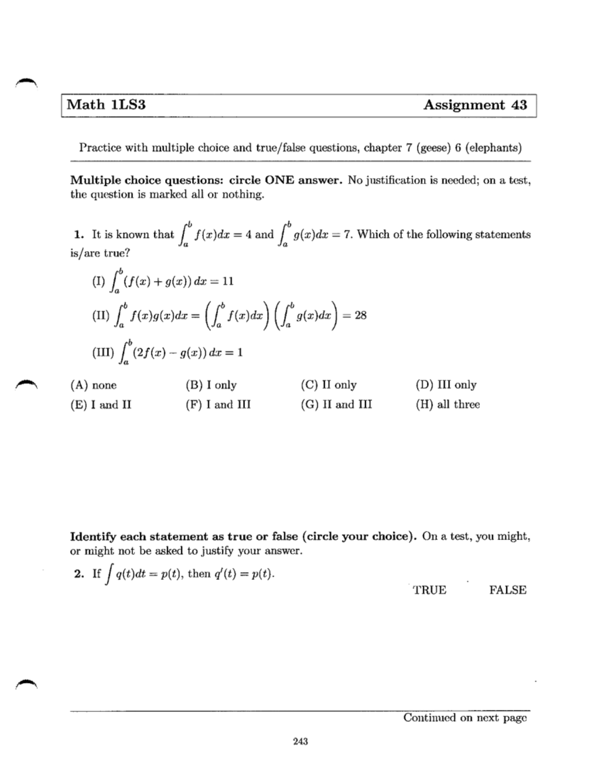 Math 1LS3 Assignment 43 practice with multiple choice questions - Studocu