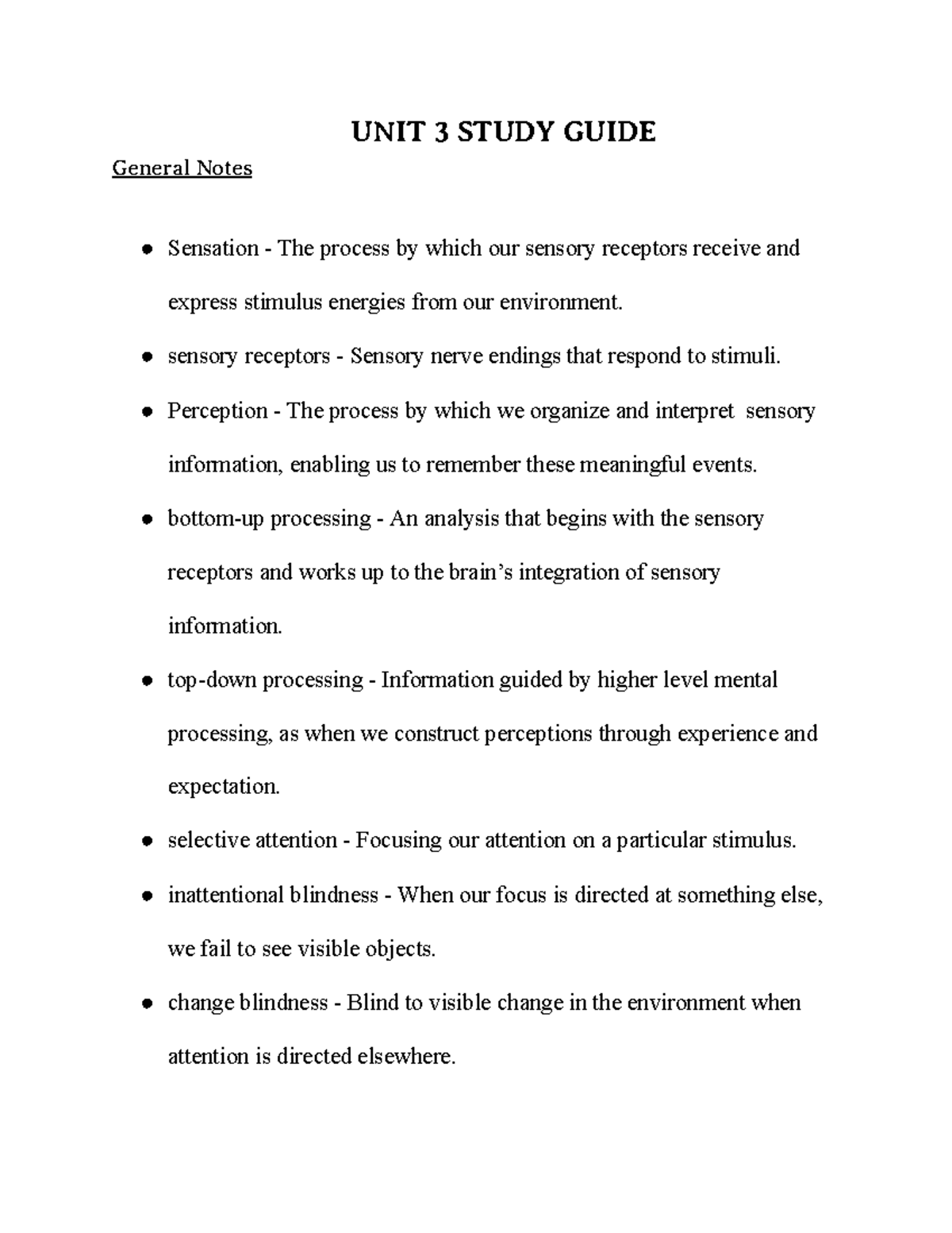 AP Psychology Unit 3 Sensation and Perception Study Guide - UNIT 3 ...