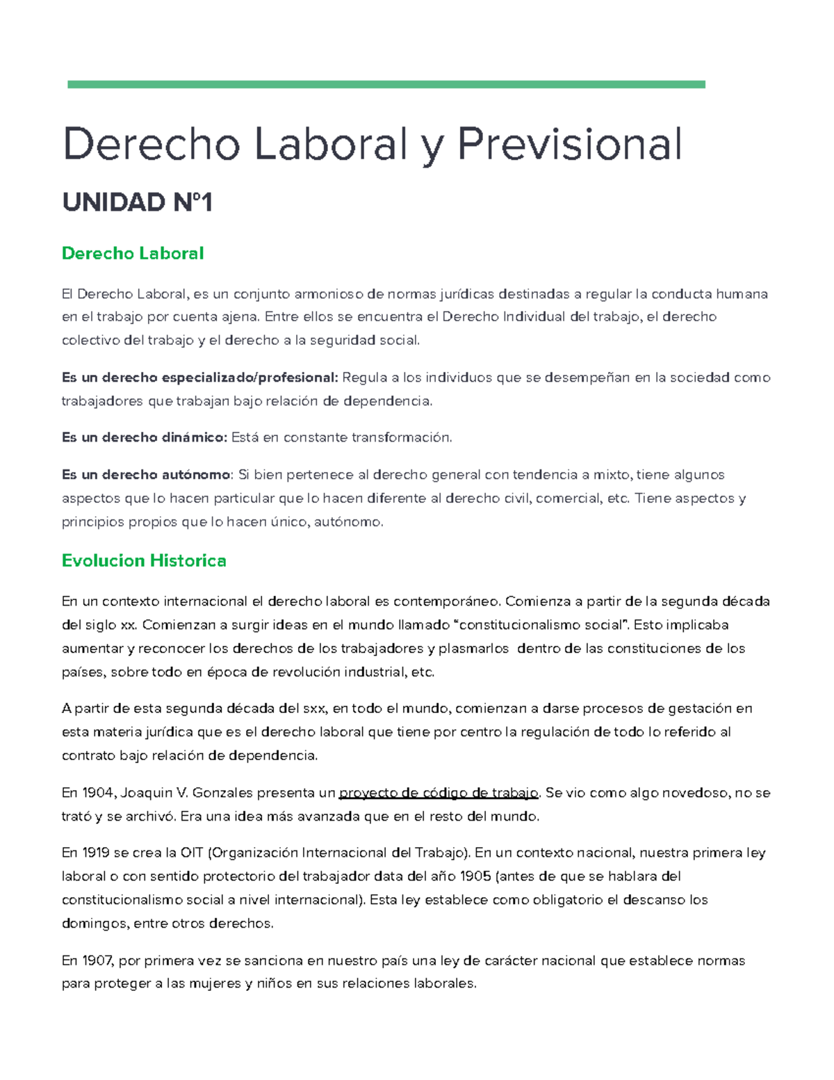 Resumen de Derecho Laboral - UNIDAD 1: Evolución y Principios - Studocu