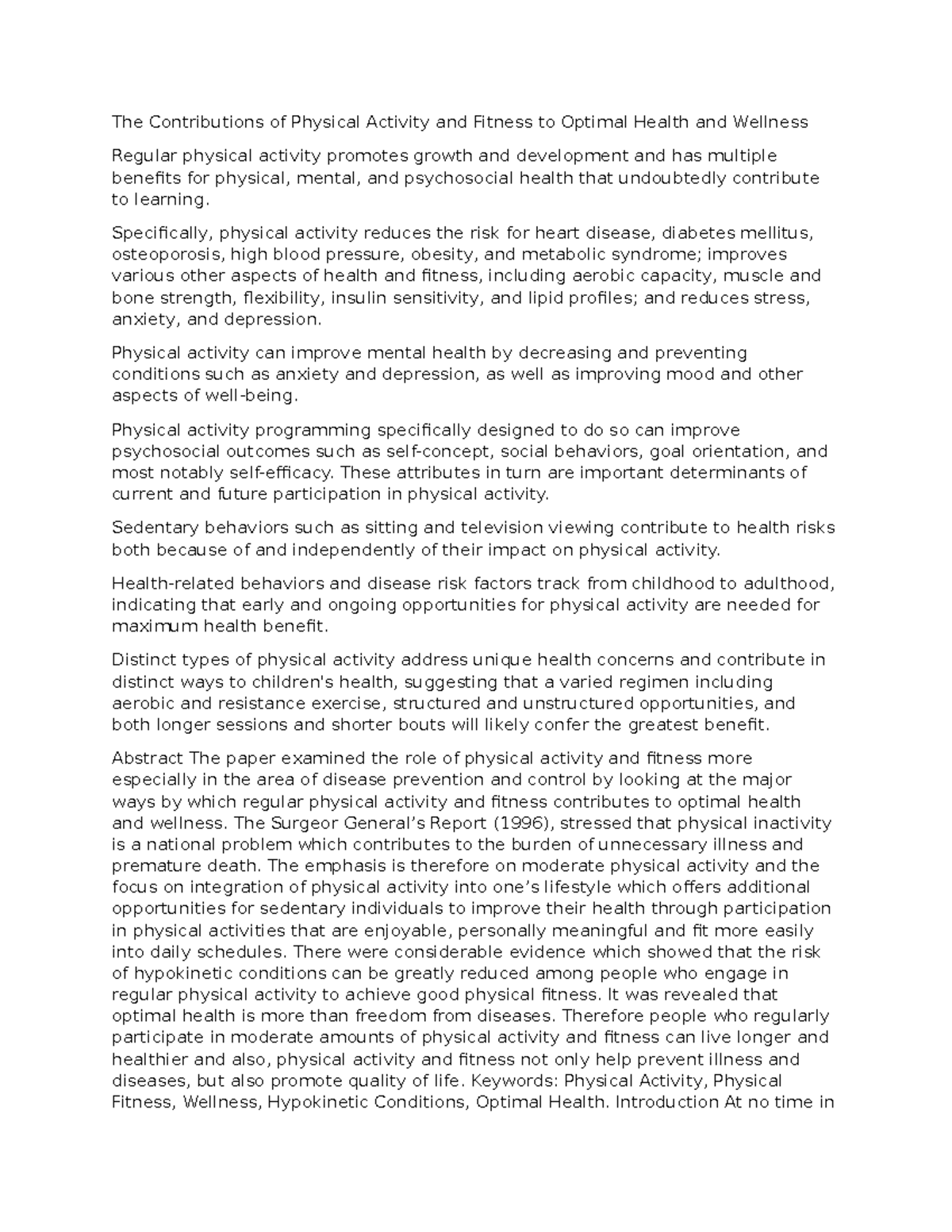 The Role of Physical Activity & Fitness in Promoting Optimal Health ...
