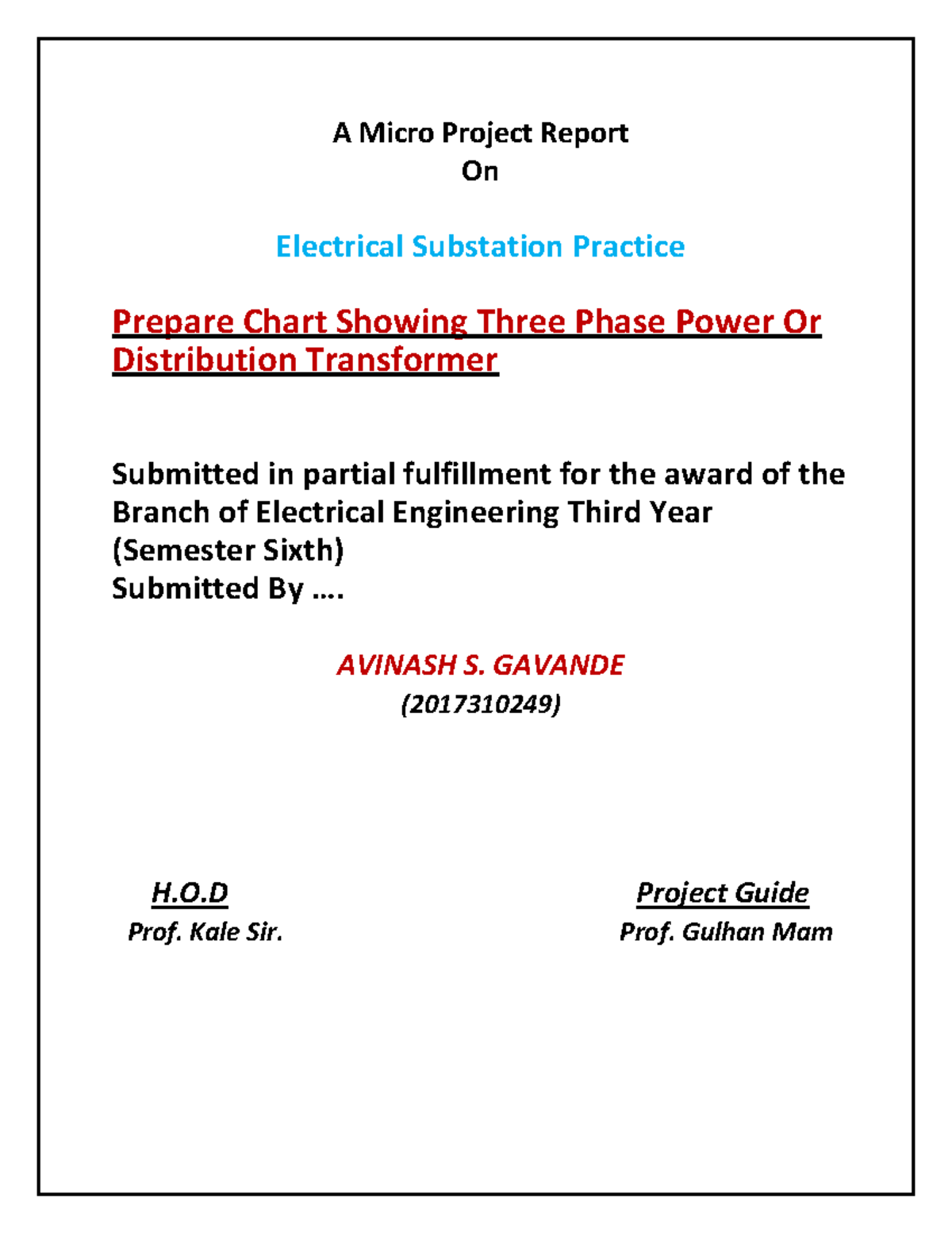 Micro Project Report on Electrical Substation Practice (EE 6th Sem ...