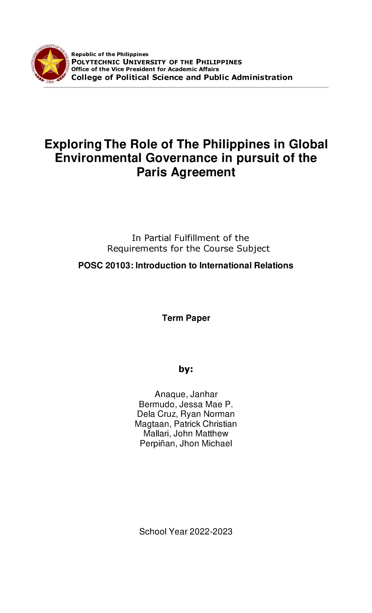 Internal Relations - Term Paper - Republic of the Philippines ...